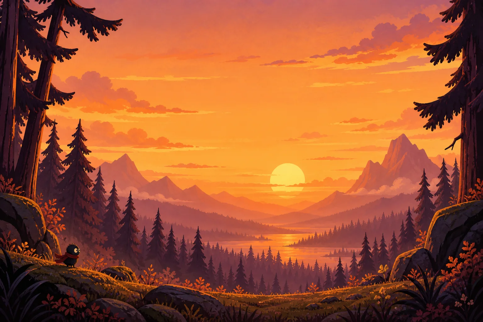 An amber sunset above layers of mountains and a pine forest