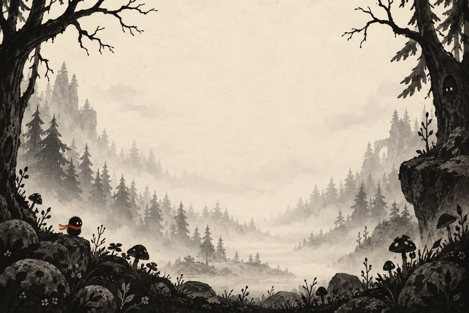 A misty monochrome forest with silhouetted trees and a pale glow